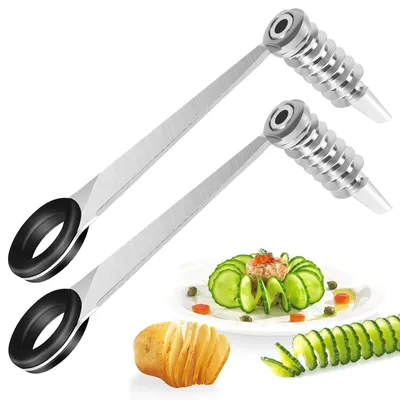Produktbild von 2 Stück Spiral Cutter, Spiralschneider Edelstahl, Kartoffel Spiralschneider für Kreative Obst und Gemüsezubereitung, Ideal für Gurken, Karotten, Zucchini und Äpfel