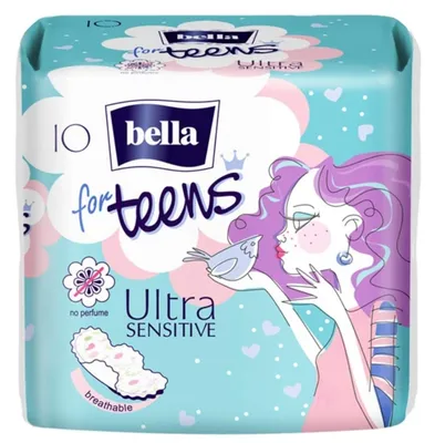 A pack of Bella for Teens Ultra Sensitive sanitary towels, featuring cartoon-style illustrations and product information.