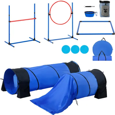 Obrázek produktu pro SucceBuy tréninkové vybavení agility pro psy, 7dílná sada s nastavitelnými vysokými překážkami, 6 tyčemi, 2 tunely, obručemi, boxem, 3 frisbee