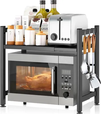 Produktbild von Ausziehbarer Mikrowellenständer mit 6 Haken,40-60cm ausziehbarer Mikrowellen Regal,Gewürzregal,bis 30kg,Schwarz