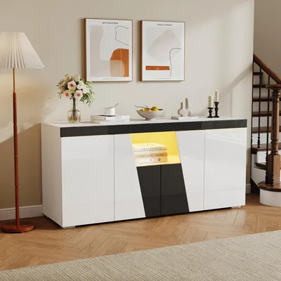 Image de Merax Sideboard avec LED, commode brillante avec 3 armoires et 4 portes, armoire de salon moderne avec espace de rangement, noir + blanc