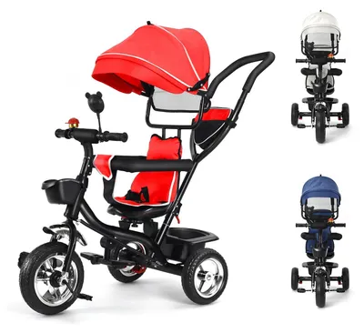 Obrázok produktu pre Detská trojkolka 3 v 1 – Skladateľná detská trojkolka – Sedadlo otočné o 360° – Slnečná strieška a rukoväť – Pre deti od 3 do 6 rokov – Nosnosť do 20 kg – Červená