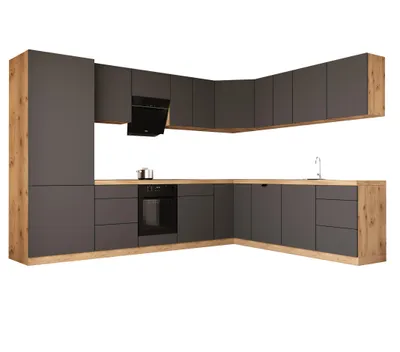 Produktbild von Winkelküche 320 x 260 cm mit Kühlumbauschrank L-Küche Einbauküche Herdumbauschrank Küchenblock Ohne Arbeitsplatte, Langen KL14-M320,Grau/Matt