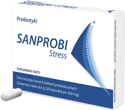A product box for SANPROBI Stress probiotics, with a single capsule shown in the foreground.
