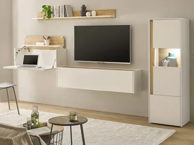 Produktbild von Wohnwand mit Sekretär Center in weiß und Wotan Eiche Wohnkombination 320 cm