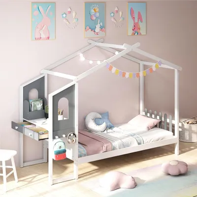 Obrázok produktu pre Postel – detská postel – posteľ pre mládež – posteľ s písacím stolom – posteľ s zásuvkami – 90x200 cm – drevená konštrukcia – biela s šedou