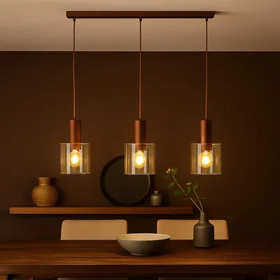 Produktbild von Hängelampe, 30 cm, 3x E27, Metall/Glas, Kaffee/Bernsteinfarben