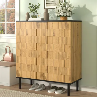 Produktbild von okwish Schuhschrank Eingangsschrank mit Metallfüße Holzoptik Flurschrank mit verstellbaren Einlegeböden und Stauraum Aufbewahrungsschrank Doppeltür-Design Natur