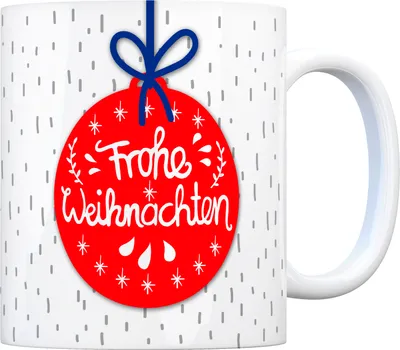 Produktbild von Kaffeebecher mit Weihnachtskugel Motiv und Spruch: Frohe Weihnachten Tasse