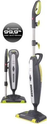 A Hoover steam cleaner is shown in two different views against a white background. A circular graphic with text is also present.