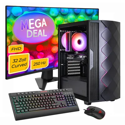 GAMEMAX Gaming-PC MegaDeal Diamond BK Komplett SET 2697 7795 Ryzen 5 5500 16GB RAM 1TB SSD RTX 5050 Windows 11 + MSI MAG 32C6X 32" Curved Gaming-Monit