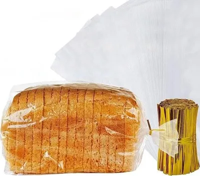 Produktbild von Transparente Brottüten aus Kunststoff – Frischhaltebeutel – 150 Stück – Goldfarbene Metallverschlüsse – 45 x 20 x 10 cm