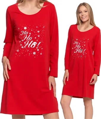 A woman is shown wearing a red long-sleeved nightgown with a "Ho Ho Ho!" graphic and snowflakes. The image is a collage of two shots of the same product.