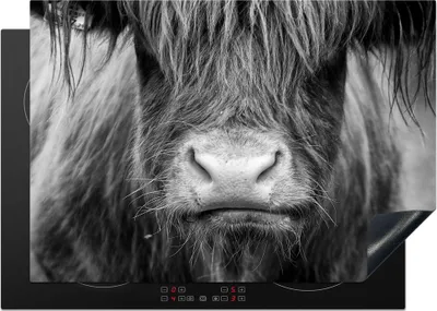 Produktbild von KitchenYeah© Herdabdeckplatte Schottischer Highlander - Kuh - Schwarz - Weiß - Tiere , 75x52cm, Küche Deko, Glaskeramikkochfeld Herdabdeckung, Abdeckplatte fùr Kochfeld