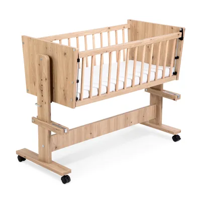 Obrázek produktu pro Přistýlka „ZOYA 5v1“ v dubovém provedení 89 x 40 cm | Dětská postýlka a kolébka s kolečky | Multifunkční postýlka do pokoje