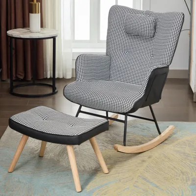 Produktbild von Schaukelstuhl mit Seitentasche Schaukelstuhl,mit Fußstütze und Kopfstütze, Wohnzimmer Sessel, kariert Schlafzimmer Sessel