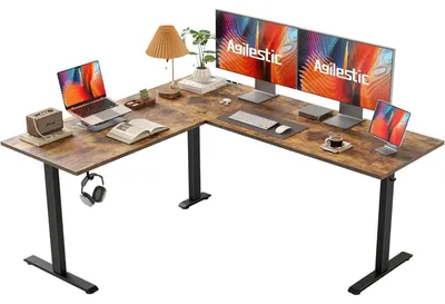 Productafbeelding van L-vormig verstelbaar bureau, 160x140 cm, elektrisch, bruin, hoekbureau, zit-sta bureau