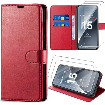 Image de Coque et 2 Verres Trempés pour Xiaomi 15, Protection Rabat Anti-Rayures Antichoc Synthécuir Rouge