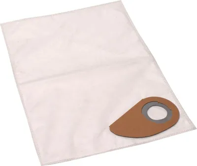 A white vacuum cleaner bag with a brown cardboard attachment is shown against a white background.