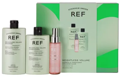 Productafbeelding van Geschenkset Ref Stockholm: Weightless Volume, sulfaatvrij, shampoo, geeft textuur en volume, 285 ml + Weightless Volume, sulfaatvrij, haarconditioner, maakt glad en geeft volume, 245 ml + Shine Elixir, haarserum, verzachtend, 80 ml