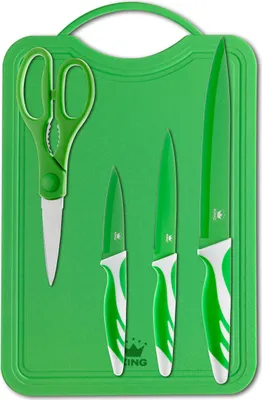 Produktbild von 5tlg. Messerset KING® GRÜN 3 Messer, 1 Schneidebrett, 1 Schere, / Messer mit Edelstahl beschichtete Klingen
