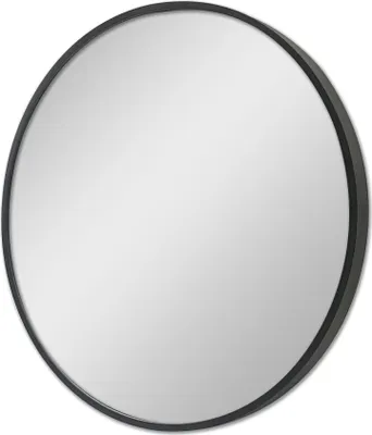 A round mirror with a black frame against a white background.