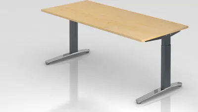Produktbild von Schreibtisch Mika | Ahorn | Graues Gestell poliert | BxT 180x80cm | Arbeitshöhe 65-85cm | höhenjustierbar, 1cm Raster | C-Fuß-Gestell | Rechteckform