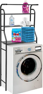 Produktbild von Waschmaschinenregal 65 x 25 x 163 cm Schwarz Standregal Badezimmer Aufbewahrungsorganisator mit Hängestange