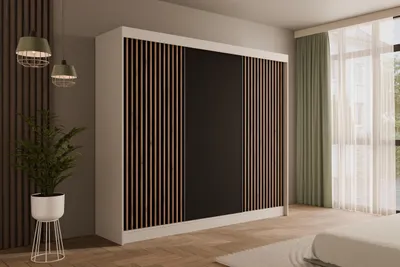 Produktbild von ALTDECOR Kleiderschrank mit Lamel-Schiebetüren, kugelgelagerte Führungsschienen und Aluminium-Leisten - VILANv2 - 250 cm Weiß + Lamelle Eiche Wotan