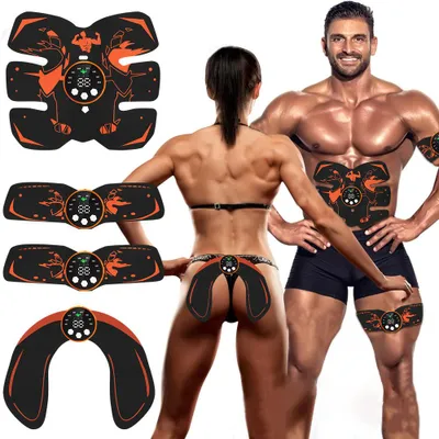 Produktbild von 4 Stück EMS Trainingsgerät, 8 Modi & 19 Intensitäten, Bauchtrainer Elektrisch, Ganzkörper Bauch/Arm/Bein/Po Trainer, für Herren und Damen, Orange