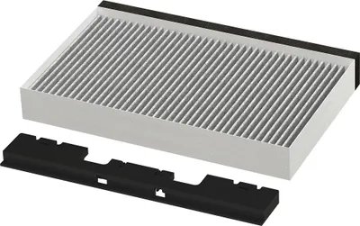 A cabin air filter and a black plastic mounting bracket are shown against a white background.