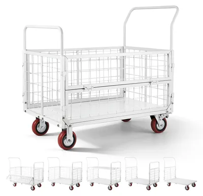Produktbild von Plattformwagen mit Gitterwänden - Faltbarer 6-in-1 Transportwagen - Tragkraft 907 kg - Schwerlast - Mit Lenkrollen - Für Lebensmittel & Wäsche - Maße 113 x 67,5 x 107 cm