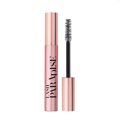 A product shot of a mascara tube and wand against a white background.
