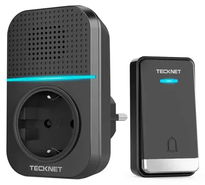 Immagine prodotto di TECKNET, campanello wireless senza batterie, campanello radio con presa EU, grado di protezione IP65 (resistente all'acqua), campanello wireless con display LED, 5 livelli di volume, 60 melodie, portata di 400 metri
