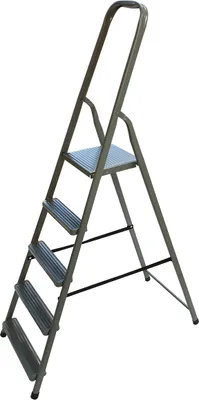 A gray, four-step stepladder is shown against a white background.