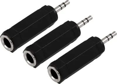 Three black audio adapters are arranged diagonally on a white background.
