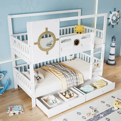 Produktbild von Etagenbett mit Dach Fallschutzgitter Schubladen und Fenster Kinderbett Hausbett Kiefernbett Jugendbett 90x200cm Weiß+Natur