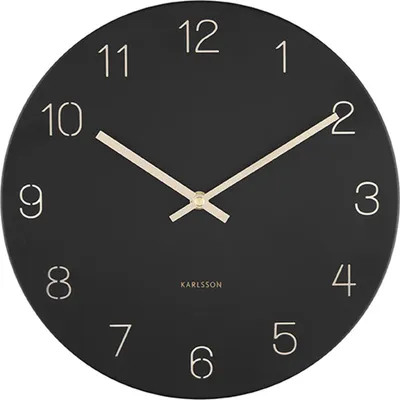 A black wall clock with gold hands and numbers.