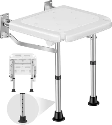 Produktbild von Faltbarer Duschhocker – Duschsitz zur Wandmontage – Für sicheres Duschen – Höhenverstellbar – Belastbar bis 180 kg – Weiß