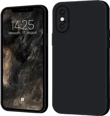 A black iPhone case is shown next to an iPhone displaying the time and date.