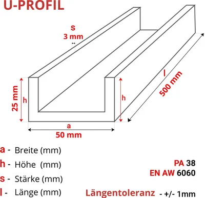 Produktbild von ALUMINIUM U-PROFIL 25x50x25x3 mm 50 cm ALUMINIUM PA38 + ZUSCHNITT NACH MASS