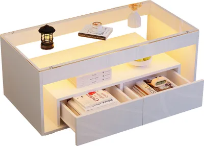 Zdjęcie produktu dla stolik kawowy 100 * 50 * 40 cm z oświetleniem LED, prostokątny stolik rozkładany z 2 dużymi szufladami, przestronny stolik do salonu wykonany ze szkła, dwuwarstwowa konstrukcja