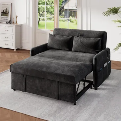 Image de OKWISH Canapé Convertible Canapé-Lit 2 Places avec Dossier Réglable et Port USB, Revêtement en Chenille, 129 x 163 x 81 cm - Gris