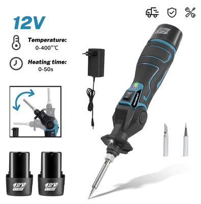 Image de Pistolet à souder électrique - Fer à souder - 30 W - Température réglable jusqu'à 400 °C - Fonctionne sur batterie 12 V - Livré avec 2 batteries