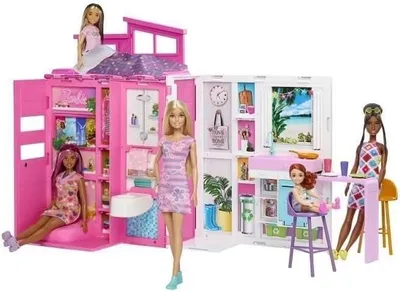 Produktbild von Barbie Puppenhaus, Ferienhaus Spielset mit Puppe, 4 Spielbereiche, 11 Zubehörteile, HRJ77