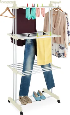 Produktbild von Relaxdays Wäscheständer Turm, ausklappbare Flügel, HBT: 179 x 126 x 63,5 cm, Metall, rollbarer Turmwäscheständer, weiß