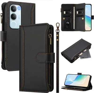 Image de Etui pour Vivo Y19s/Y29, zippé, étui portefeuille en cuirPolyuréthaneavec pochettes pour cartes, support et dragonne noir