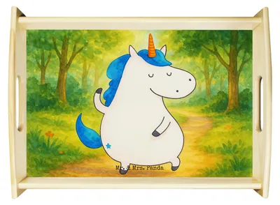 Produktbild von Mr. & Mrs. Panda Tablett Einhorn Mann Design - Weiß - Geschenk, Einhörner, für bett, sofatablett, Unicorn, Servierplatte Holz, BFF, Familie, Beste, Deko, Sofa