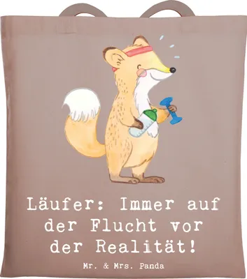 Produktbild von Mr. & Mrs. Panda Tote Bag Laufen Realitätsflucht - Braun Pastell - Geschenk, Schultasche, Sportart, Sport, Stoffbeutel, Läufer, Sportler, Realität, Flucht, Jutebeutel
