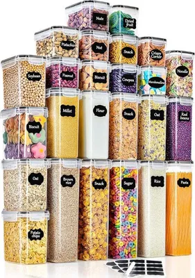 Obrázek produktu pro Vzduchotěsné plastové nádoby s víkem, sada 25 kusů, vhodné pro skladování müsli, mouky, kávových zrn, kukuřičných vloček, špaget atd., objemy: 2,8 l, 2 l, 1,4 l, 0,8 l